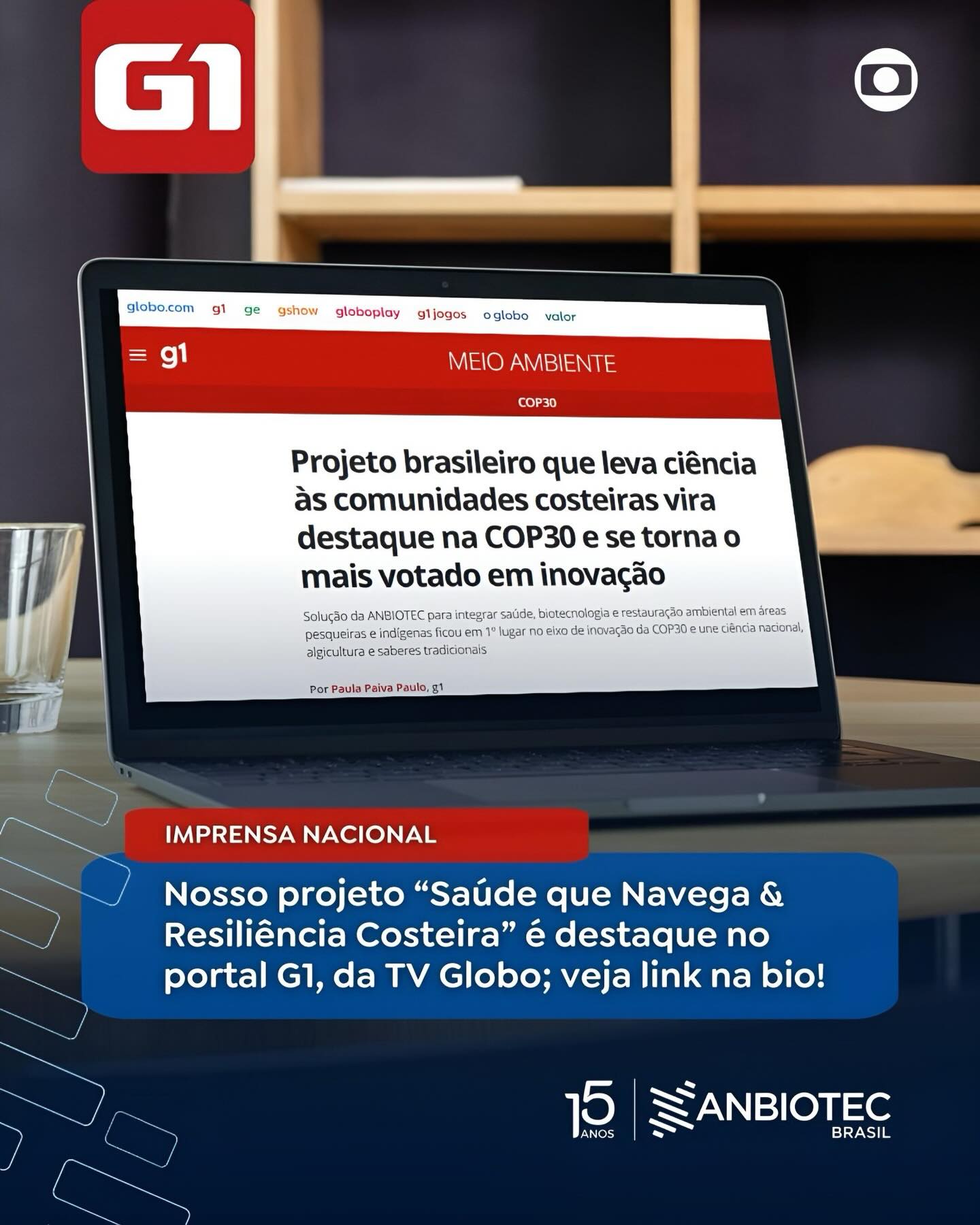 O projeto “Saúde que Navega & Resiliência Costeira”, apresentado pela ANBIOTEC Brasil na @cop30nobrasil, repercutiu no portal G1 da @tvglobo.
A matéria ressalta a relevância da iniciativa — reconhecida entre as 30 soluções mais inovadoras do país para enfrentar os desafios climáticos e vencedora do 1º lugar em votação popular no eixo de inovação.
Desenvolvido em parceria com a @confapesca e apoiado por lideranças indígenas, pesquisadores e empresas do setor de Biotecnologia, o projeto leva ciência, tecnologia nacional e cuidado em saúde para comunidades pesqueiras, ribeirinhas, quilombolas e povos originários, reforçando o compromisso da @anbiotecbrasil com inovação, impacto socioambiental e inclusão.
A ANBIOTEC agradece às empresas associadas e iniciativas parceiras que contribuíram com tecnologia, insumos e conhecimento para fortalecer essa entrega — @biocelltisbiotecnologia, @polisasaude, @bioi9biotec, @prospersea.seaweed, @nanonib, @bioclinglobal, @labgrio, Detectacyn, além do @projetohamy e da Maki Planet Systems, liderado por @marcelopataxo.
#ANBIOTEC15Anos #TVGlobo #Imprensa #Biotecnologia #Saúde #Ciência #COP30 #Pescadores #PovosOriginários #Ribeirinhos