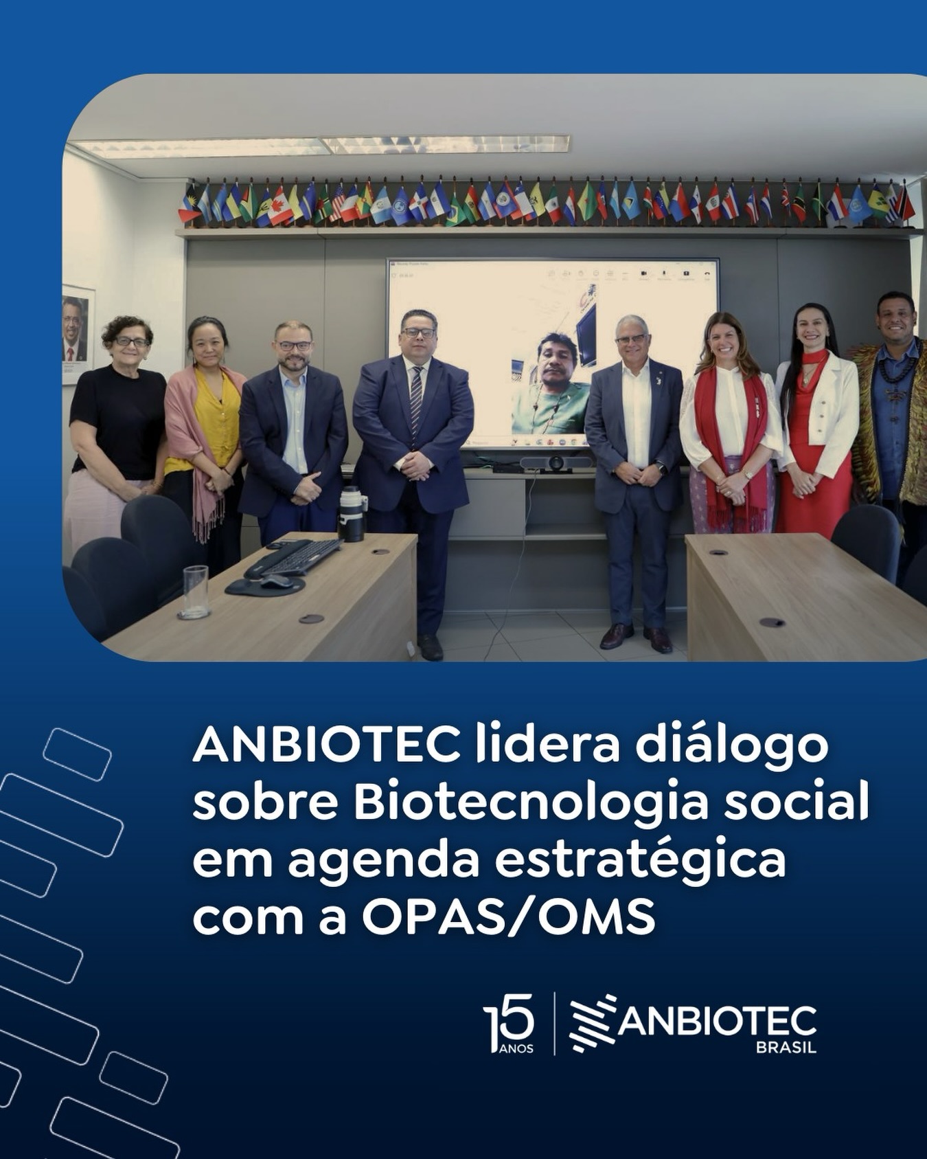 No dia 23 de fevereiro, a presidência da @anbiotecbrasil retornou à cidade de Brasília para uma agenda fundamental na sede da Organização Pan-Americana da Saúde (OPAS) que é a principal agência de saúde das Américas.

A convite do @ProjetoHamy, apresentamos nosso apoio técnico e soluções biotecnológicas voltadas para as populações indígenas e ribeirinhas. Nosso objetivo é claro: levar tecnologia de ponta e inovação para reduzir as desigualdades em saúde no Brasil. 

Estamos unidos à OPAS e à Organização Mundial da Saúde (@who), na missão de elevar a qualidade de vida nos 35 Estados-membros das Américas. 

Na foto (da esquerda para a direita):
📍 Cristina Hoffmann (OPAS/OMS)
📍 Akemi Kamimura (OPAS/OMS)
📍 Dr. Jonas Gonseth-Garcia (Coord. de Equidade/OPAS/OMS)
📍Edilson Krikati, Presidente do Condisi - MA
📍 Dr. Cristian Morales (Representante da OPAS/OMS no Brasil)
📍 @vansilvadasilva (Presidente Executiva da ANBIOTEC)
📍 Claudilene Fortaleza (Consultora Nacional/OPAS/OMS)
📍 @marcelopataxo, líder de operações da Maki Planet Systems 

#Biotecnologia #Inovacao #OMS #ANBIOTEC #Brasilia