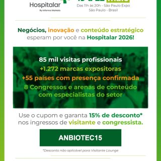 A ANBIOTEC Brasil marca presença confirmada na @hospitalaroficial com uma programação imperdível: nossa exclusiva Ilha de Inovação e a Arena de Conteúdos, onde exploraremos o tema “A Biotecnologia é Ancestral”. Vamos conectar as raízes do conhecimento com as tecnologias mais disruptivas do setor.

Não fique de fora do maior evento de saúde da América Latina!

🎟️ GARANTA SEU INGRESSO COM DESCONTO:
Use o cupom ANBIOTEC15 e ganhe 15% OFF nos ingressos de visitante e congressista.

🔗 Acesse o link na bio ou hospitalar.com e assegure sua participação.

Esperamos você para transformar o setor conosco!

#ANBIOTEC #Hospitalar #Saude #Biotecnologia #FeirasDeNegócios