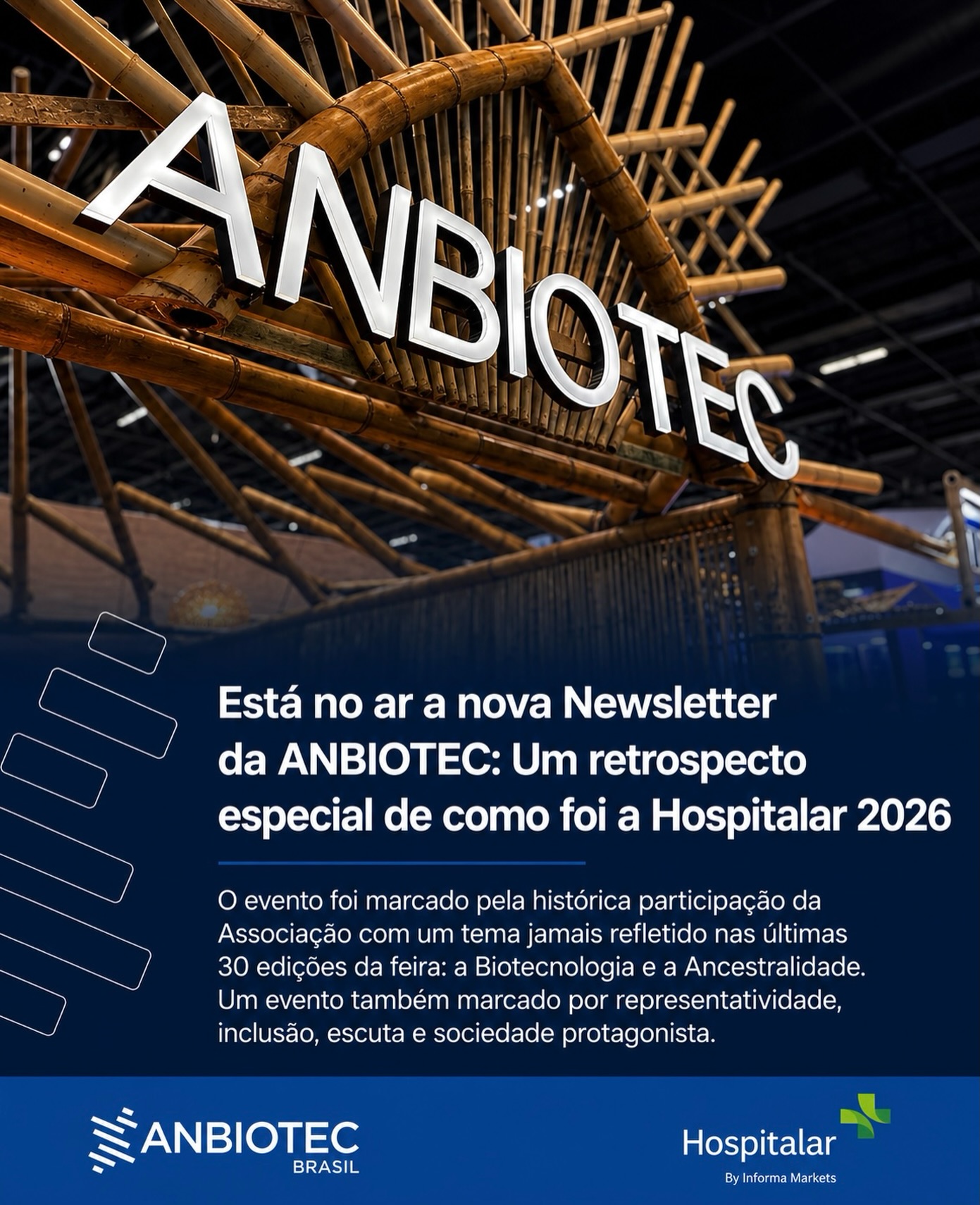 Em nossa 16ª presença consecutiva no maior evento de saúde das Américas, conectamos biotecnologia, ancestralidade, sustentabilidade e acesso à saúde em uma proposta inédita que emocionou, inspirou e repercutiu na imprensa nacional.

Oca de bambu premiada. Cortejo que parou a feira. Arena de conteúdo com 5 horas de debate. Embaixador dos Povos Indígenas oficializado. Integração ao CNSaúde Mulher. E muito mais. Todas as reportagens completas sobre nossa participação histórica estão disponíveis no nosso portal. Acesse anbiotec.org.br e confira tudo em “Últimas Notícias”.

#ANBIOTECBrasil #Hospitalar2026 #Biotecnologia #Ancestralidade #Inovação SaúdeBrasileira Associativismo