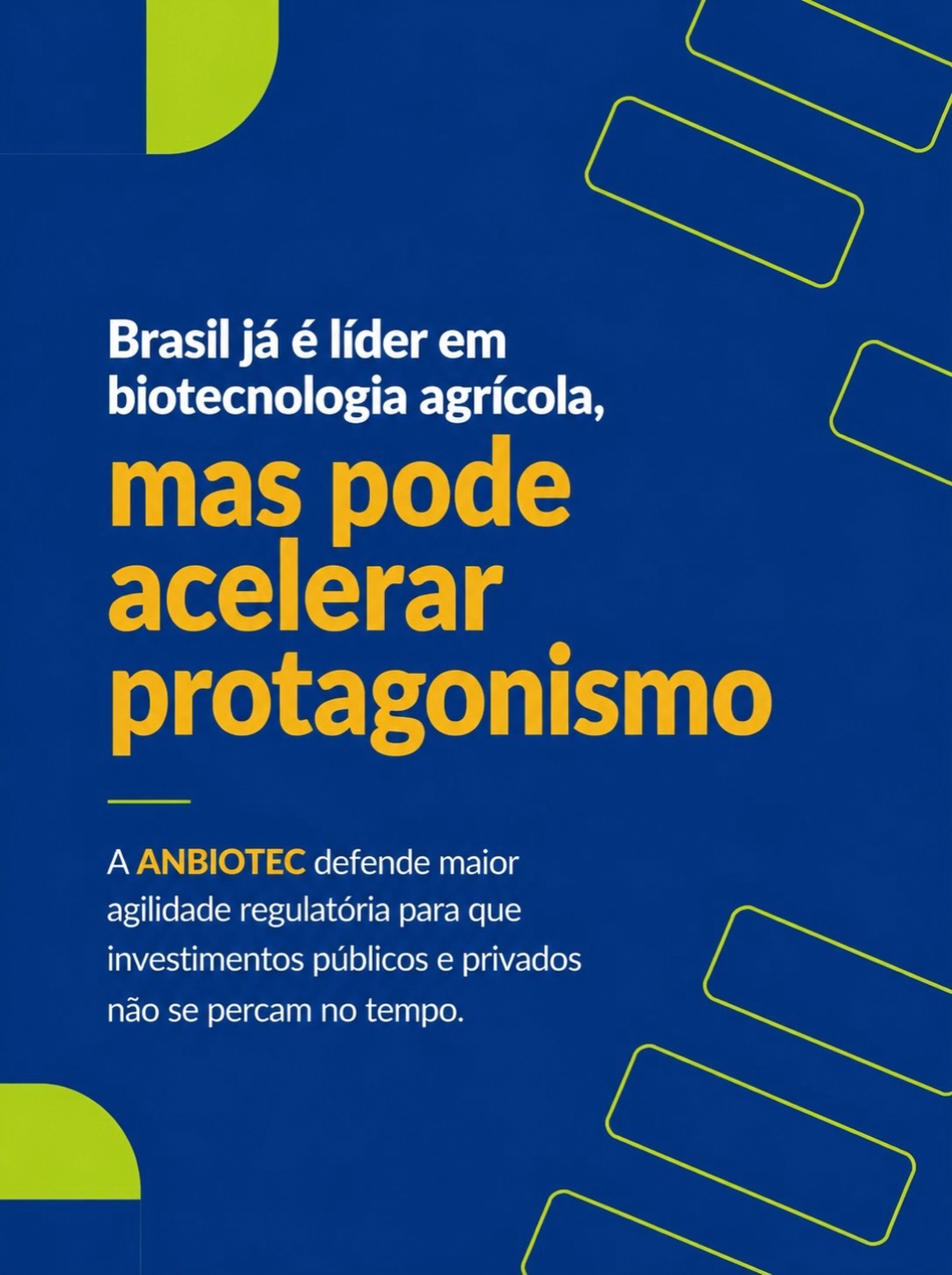 Nosso potencial é reconhecido. Somos protagonistas no agro, desenvolvemos soluções inovadoras e temos capacidade para produzir conhecimento e tecnologia em escala.
Mas, para transformar esse potencial em ainda mais competitividade, é preciso que o ambiente regulatório acompanhe a velocidade da inovação.
A demora em processos regulatórios pode significar investimentos represados, perda de oportunidades e atraso na chegada de novas tecnologias ao mercado.
É por isso que a ANBIOTEC BRASIL atua para fortalecer o diálogo técnico com o poder público e defender maior agilidade regulatória, criando um ambiente mais favorável para inovação, produção e investimentos.
O Brasil já mostrou que pode liderar. Agora, precisamos criar as condições para acelerar esse protagonismo.
A biotecnologia brasileira não pode esperar.
#ANBIOTECBrasil #Biotecnologia #Bioeconomia #Agro #Biocombustíveis