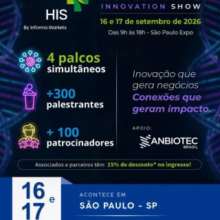 A ANBIOTEC Brasil é apoiadora da Healthcare Innovation Show (@hisoficial) 2026, um dos principais eventos de inovação em saúde da América Latina, reunindo líderes, empresas, startups, investidores e especialistas que estão transformando o setor.

💙 #Associados ANBIOTEC têm 15% de desconto na inscrição, além de acesso a uma série de benefícios exclusivos ao longo do ano, como condições especiais em eventos estratégicos, oportunidades de #networking, ações de internacionalização e iniciativas que fortalecem a competitividade do ecossistema brasileiro de #biotecnologia e ciências da vida.

📍 16 e 17 de setembro de 2026
📌 São Paulo Expo

🎟️ Utilize o cupom ANBIOTEC15 para garantir seu desconto.

Ainda não faz parte da #ANBIOTEC? Este é o momento de se conectar à principal Associação do setor, ampliar sua rede de relacionamentos e aproveitar vantagens exclusivas em eventos nacionais e internacionais.

Parceria: @informamarketslatam