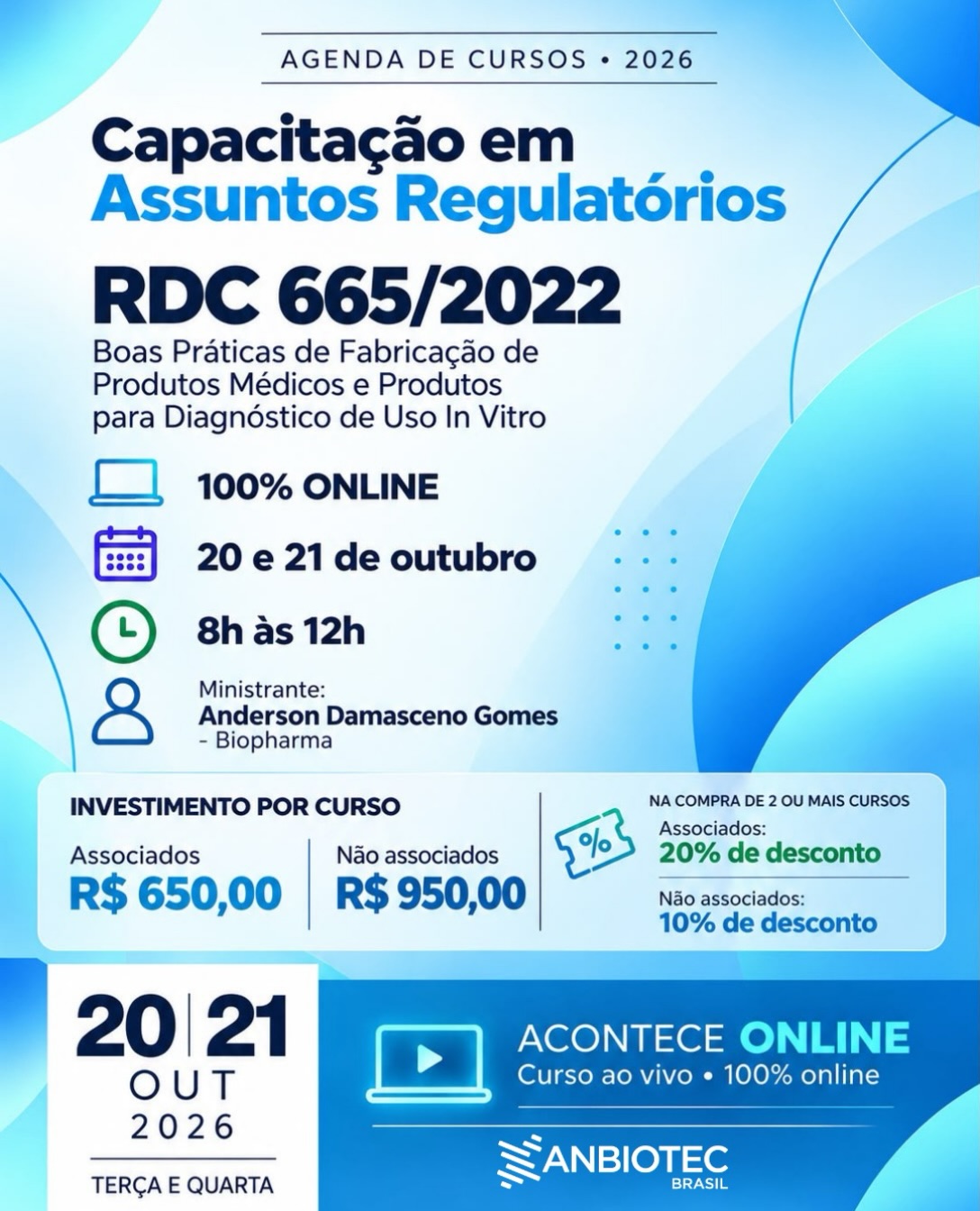 📘 Sua empresa está preparada para atender às exigências da RDC 665/2022?
A norma da Anvisa estabelece requisitos de Boas Práticas de Fabricação para produtos médicos e produtos para diagnóstico de uso in vitro, com foco na qualidade, segurança e controle dos processos.
Acompanhar essas exigências e manter as equipes capacitadas é essencial para garantir a conformidade regulatória e reduzir riscos na fabricação.
Pensando nisso, a ANBIOTEC Brasil promove uma capacitação para aprofundar o conhecimento sobre a norma e sua aplicação nas empresas.
✅ Invista na qualificação da sua equipe. Participe!
#ANBIOTECBrasil #RDC665 #Anvisa #AssuntosRegulatórios #Capacitação