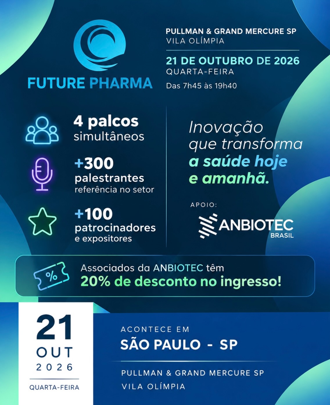 Na próxima quarta-feira, 21 de outubro, acontece o Future Pharma 2026, em São Paulo, um encontro para discutir tendências, inovação e oportunidades para o setor de Life Sciences.
E temos uma condição especial para vocês! 💙
Por meio da parceria com o evento, os Associados da ANBIOTEC têm 20% de desconto na inscrição.
🎟️ Garanta sua participação! Chame o nosso time no direct!
📅 21 de outubro (quarta-feira)
🕗 Das 7h45 às 19h40
📍 Pullman & Grand Mercure SP, Vila Olímpia, São Paulo
Será uma ótima oportunidade para ampliar conhecimentos, trocar experiências e fortalecer conexões com profissionais do setor.
Esperamos vocês por lá! 💙
ANBIOTEC Brasil
#FuturePharma #ANBIOTEC #Biotecnologia